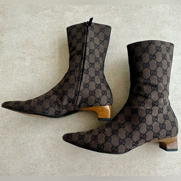 Gucci Vintage 90'S Brown GG Monogram Canvas Boots Wood Heels US 6B - Picture 11 of 16
